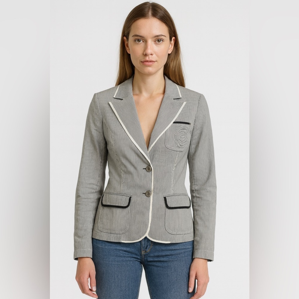 Women’s Microstripe Blazer, Fitted, Grey and White, 4 small